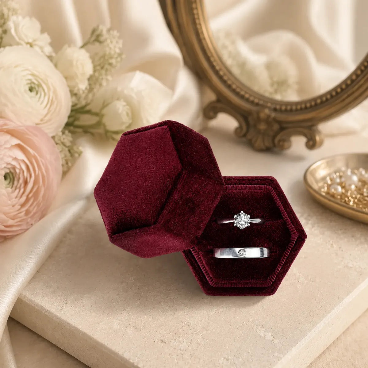 Gemkeepery Hexagon Velvet Wedding Ring Box