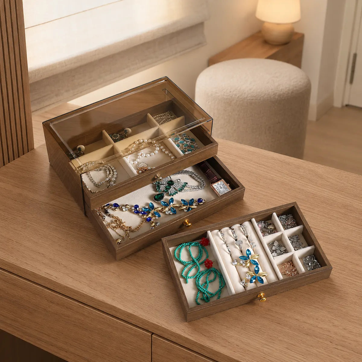 Gemkeepery 3-Tier Wooden Jewelry Organizer Box